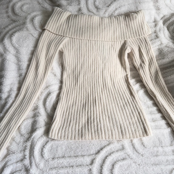 Express Sweaters - Express Off-Shoulder Beige Ribbed Sweater